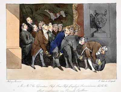 Ředitel, náčelníci, zástupci náčelníka, zaměstnanci, supernumeráři atd. chystám se pochválit novou Excelenci, ilustrace z „Mores Administratives, Dessinées podle přírody“ od Henriho Monniera, litho od Henri Bonaventure Monnier